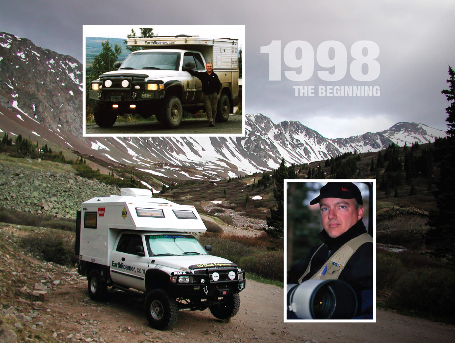 Historic EarthRoamer image showing early model camper and founder in the mountains with text "1998 The Beginning