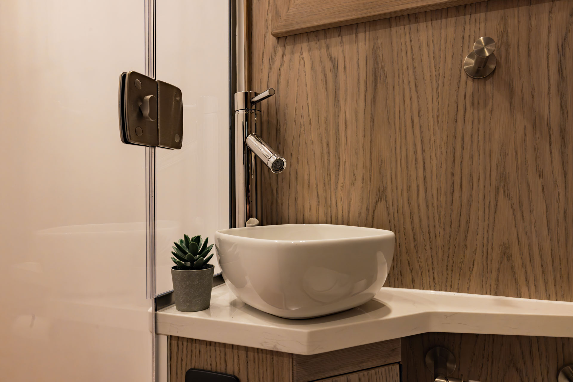 EarthRoamer SX bathroom with vessel sink, chrome faucet, and wood paneling