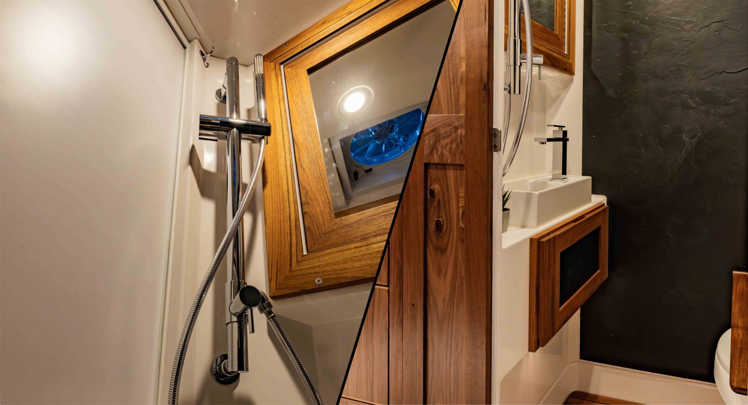 EarthRoamer overhead wooden cabinet with textured glass doors and ambient LED lighting.